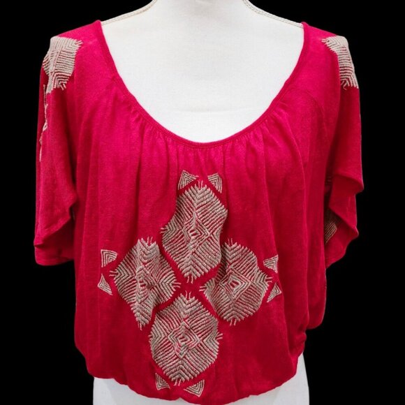 Free People Boho Embroidered Top S โ Open Back Flutter Sleeve Red Festival EUC - Picture 4 of 12